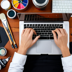 ** A solopreneur working passionately on their laptop, surrounded by tools representing their unique skills (e.g., camera for a photographer, paintbrush for an artist). The scene should evoke a sense of energy, focus, and the joy of combining passion with expertise.

**