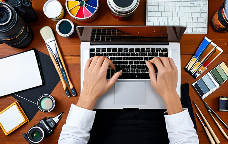 ** A solopreneur working passionately on their laptop, surrounded by tools representing their unique skills (e.g., camera for a photographer, paintbrush for an artist). The scene should evoke a sense of energy, focus, and the joy of combining passion with expertise.
**