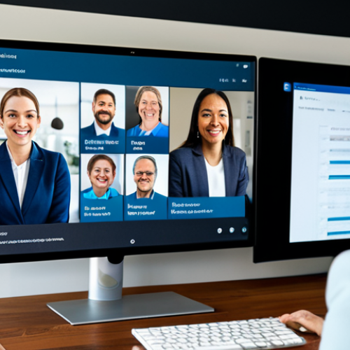 Home 8 A professional female solopreneur, fully clothed in a modest business casual blazer and slacks, smiling warmly while engaged in a virtual meeting on a large screen in a bright, modern co-working space. Diverse, professional individuals are visible on the screen, indicating a collaborative online community. The atmosphere is inviting and productive, showcasing genuine connections being forged. The image features perfect anatomy, correct proportions, well-formed hands, proper finger count, and natural body proportions. This is a safe for work, appropriate content, family-friendly, high-quality professional photograph.