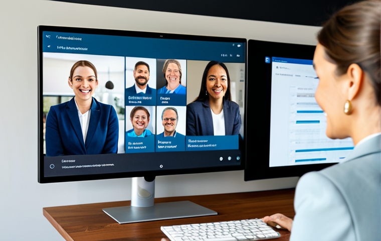 A professional female solopreneur, fully clothed in a modest business casual blazer and slacks, smiling warmly while engaged in a virtual meeting on a large screen in a bright, modern co-working space. Diverse, professional individuals are visible on the screen, indicating a collaborative online community. The atmosphere is inviting and productive, showcasing genuine connections being forged. The image features perfect anatomy, correct proportions, well-formed hands, proper finger count, and natural body proportions. This is a safe for work, appropriate content, family-friendly, high-quality professional photograph.
