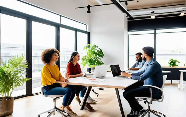 솔로프레너 네트워크와 자원 확보 전략 - **Prompt:** A vibrant, sun-drenched co-working space buzzing with activity. Diverse solopreneurs, ag...