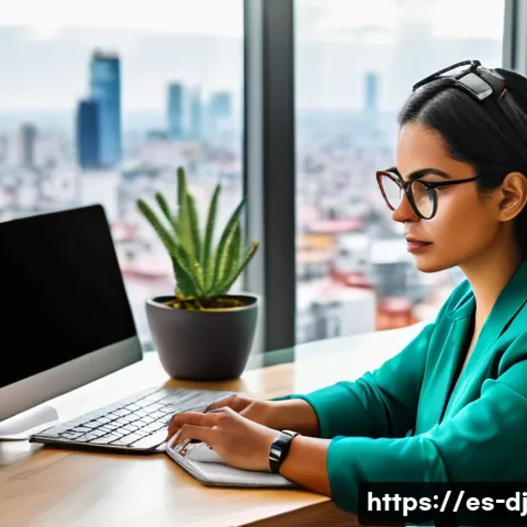 솔로프레너 네트워크에서의 최신 트렌드 탐색 - A focused young Hispanic solopreneur woman working at a modern home office desk in Mexico City, usin...