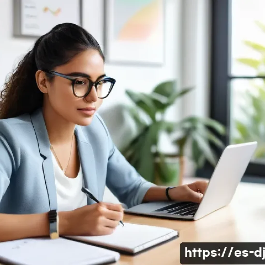 솔로프레너 네트워크에서의 지속적인 학습 - A focused young Hispanic solopreneur woman in casual business attire, sitting at a modern home offic...