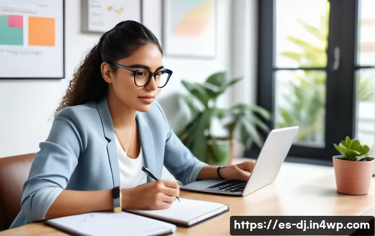 솔로프레너 네트워크에서의 지속적인 학습 - A focused young Hispanic solopreneur woman in casual business attire, sitting at a modern home offic...