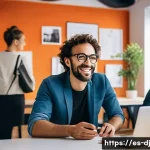 Home 22 솔로프레너 네트워크의 확장성 이해하기 - A professional solopreneur in a modern co-working space in Madrid, Spain, engaging warmly in a small...