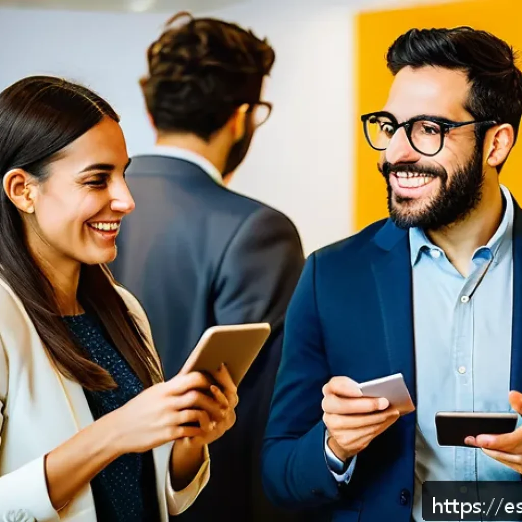 솔로프레너의 네트워크 확장을 위한 기법 - A professional networking event in a modern co-working space in Madrid, Spain, featuring diverse Spa...