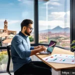 Home 20 솔로프레너의 재무 관리 및 전략 - A focused solopreneur sitting at a modern desk in a cozy home office, diligently reviewing daily cas...