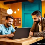 Home 19 솔로프레너 네트워크의 지역 사회 기여 방안 - A vibrant local café scene in a small Spanish town, bustling with diverse solopreneurs including a g...